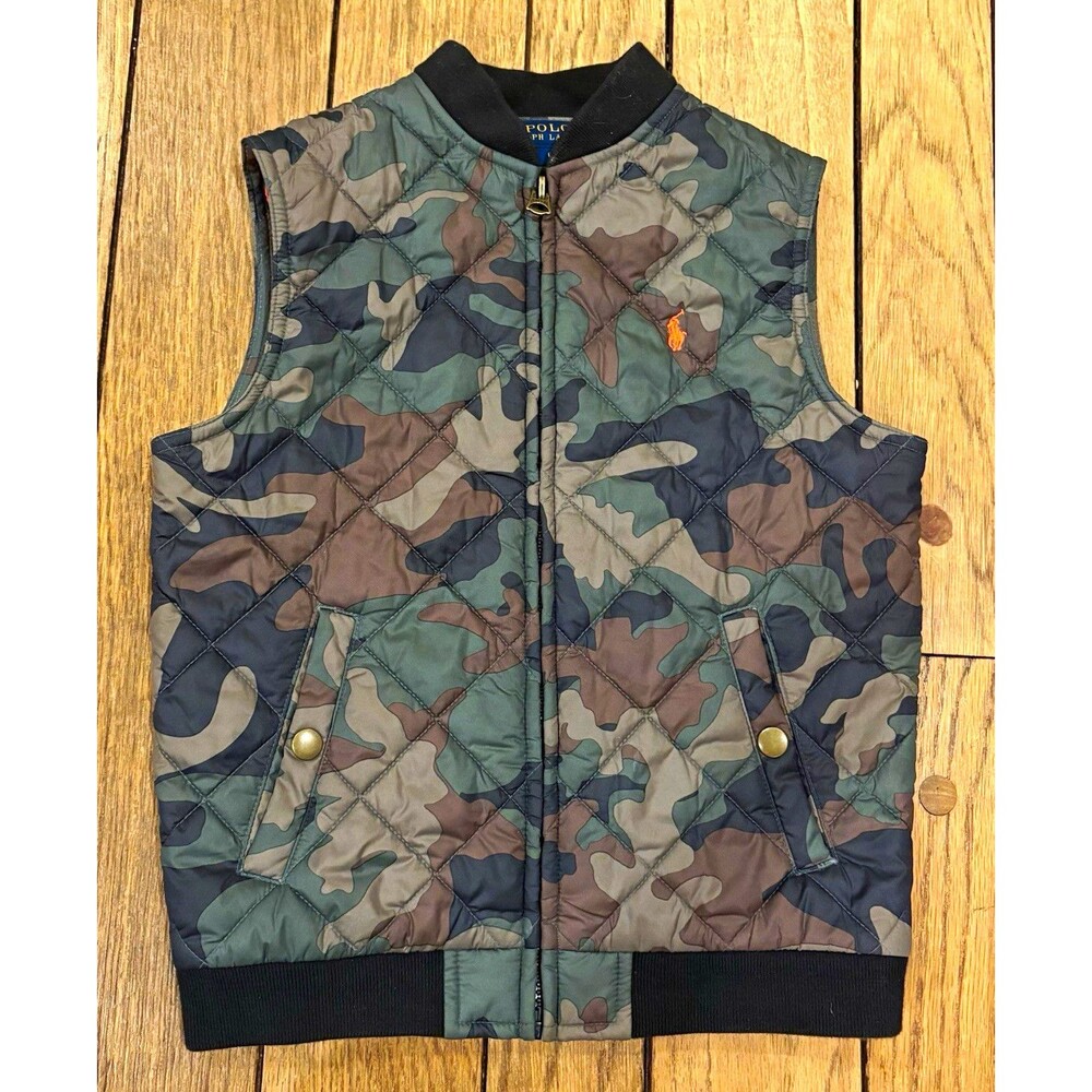Polo Ralph Lauren Boys Quilted Camouflage Full Zip Lined Vest Size 6 Orange pony
